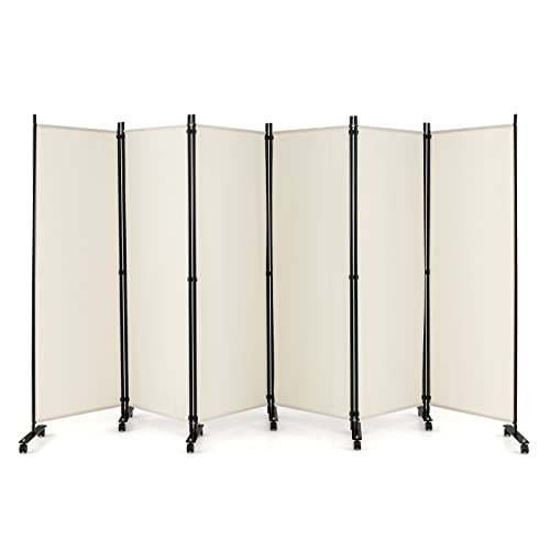 NAFORT 6 Panel Folding Room Divider for Room Separation, Freestanding Privacy Screen with Lockable Universal Wheels, Fabric Wall Partition Screen for Living Room, Bedroom, Office, White - color: White