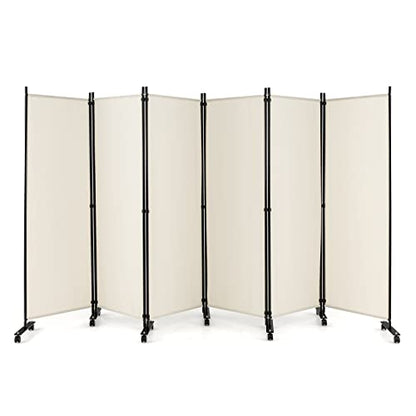 NAFORT 6 Panel Folding Room Divider for Room Separation, Freestanding Privacy Screen with Lockable Universal Wheels, Fabric Wall Partition Screen for Living Room, Bedroom, Office, White - color: White