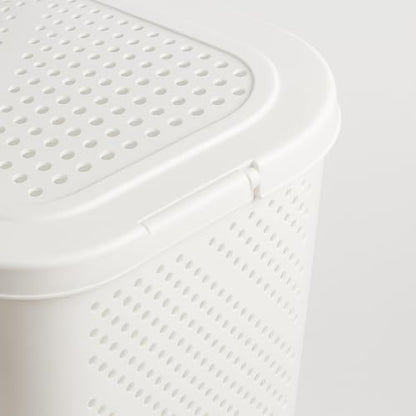 24 Inch Plastic Laundry Hamper with Hinged Lid – Space-Saving Rectangular Clothes Basket, Ventilated Design, Lightweight Laundry Organizer for Bedroom, Bathroom & Closet, White