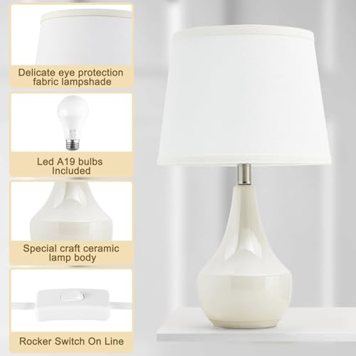 18" Table Lamp Set of 2, Ceramic Table Lamp Classic Beside Lamps Nightstand Lamp Modern Lamp for Living Room, Bedroom & Office Rocker Swtich Cream-LED Bulbs Included - color: 18.63" Ceram
