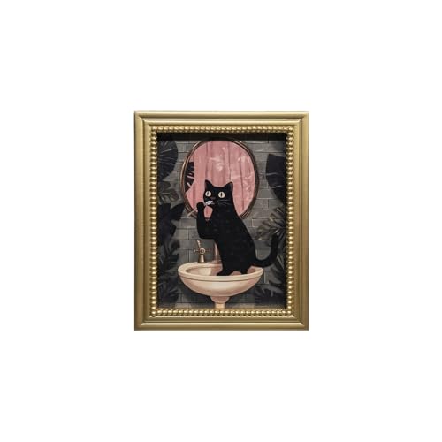 Gatheroad Gold Framed Vintage Canvas Wall Art Prints, Black Cat Bathroom Wall Art, Retro Funny Animal Decor for Living Room Bedroom Office Bathroom, 8x10 Inch - color: Dark Sink-Cat, size: 8X10inch