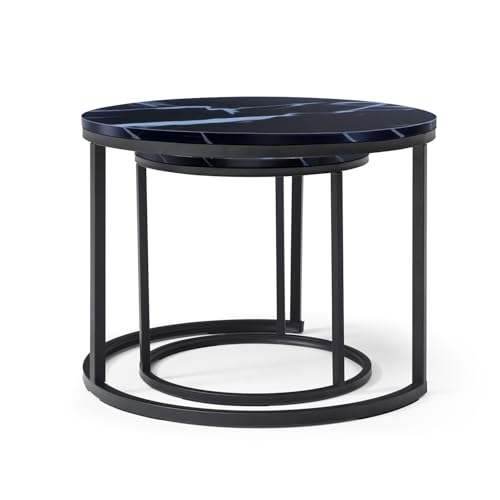 24" Marble Pattern Accent Side Table, Modern Nesting Side Tables with Metal Frame, Space-Saving Nesting Coffee Table Set for Living Room Apartment, Black - color: Black