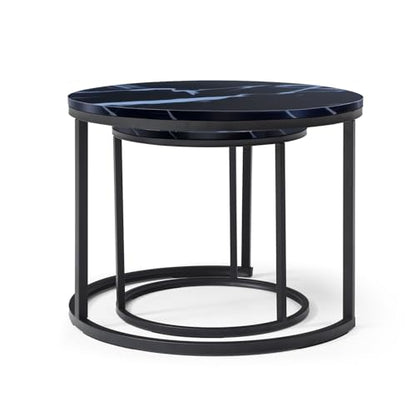 24" Marble Pattern Accent Side Table, Modern Nesting Side Tables with Metal Frame, Space-Saving Nesting Coffee Table Set for Living Room Apartment, Black - color: Black