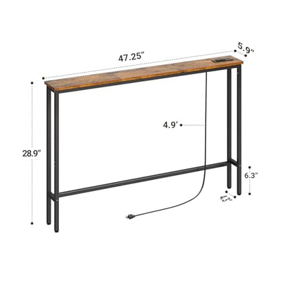 ELYKEN 47.2" Narrow Console Table with Outlet, Sofa Table Behind Couch | Extra Long Skinny Entryway Tables with Charging Station for Living Room, Hallway, 5.9 x 47.2 x 29.5in, Rustic Brown - color: Rustic Brown, size: 5.9"DX47.2"WX29.5"H
