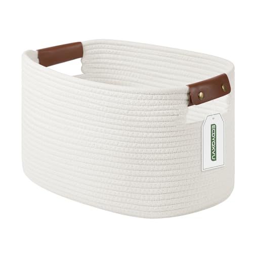 ECDYQXVU 15x10x9 Woven Cotton Rope Storage Basket, Leather Handles 1 Pack | Foldable Design, Sturdy PU Handles, Easy to Clean Organizer for Living Room, Closet, Shelves, Bedroom, Laundry, Clothes - color: White-1Pack, size: 1 Pack