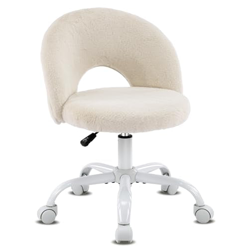 VINGLI Small Vanity Chair with Faux Fur Wheels for Girls,Cute Adjustable Height Armless Office Desk Chair,360°Swivel Comfy Rolling for Study,Make up Room,Small Space,Khaki - color: Furry Khaki
