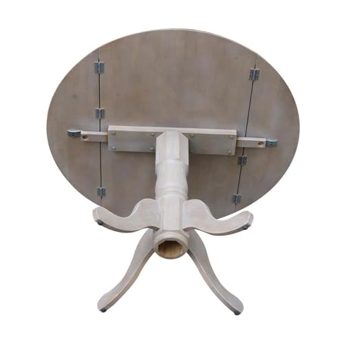 IC International Concepts, 42" Round Dual Drop Leaf Pedestal Dining Table, Solid Real Wood, Sturdy Parawood, Dimensions 42"D x 42"W x 29.5"H, 20mm thickness, 40lbs Weight Capacity, Washed Gray Taupe - color: Washed Gray Taupe