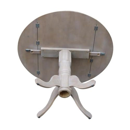 IC International Concepts, 42" Round Dual Drop Leaf Pedestal Dining Table, Solid Real Wood, Sturdy Parawood, Dimensions 42"D x 42"W x 29.5"H, 20mm thickness, 40lbs Weight Capacity, Washed Gray Taupe - color: Washed Gray Taupe