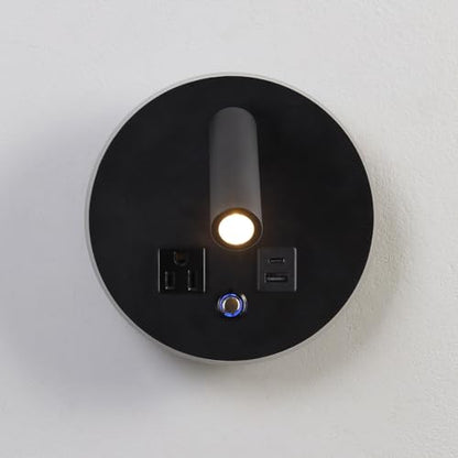 LED Round Wall Sconce with Dimmable Light, 6W+3W 3000K Night Light, Adjustable Plug-in Headboard Lamp with USB & USB-C Ports, Bedside Reading Light for Bedroom(Black) - color: Black