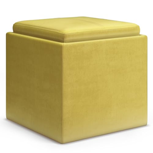 SIMPLIHOME Rockwood 17" Wide Linen Look Fabric Storage Ottoman in Grey | Contemporary ottoman with flip-over tray top and hidden storage; cube storage bench for living room or bedroom. - color: Dijon Yellow