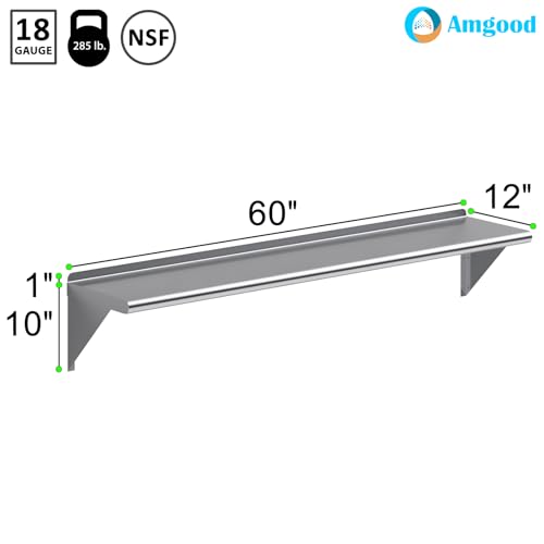AmGood 60" Long X 12" Deep Stainless Steel Wall Shelf | NSF Certified | Appliance & Equipment Metal Shelving | Kitchen, Restaurant, Garage, Laundry, Utility Room - size: 60" Long X 12" Deep