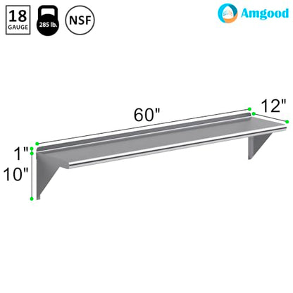 AmGood 60" Long X 12" Deep Stainless Steel Wall Shelf | NSF Certified | Appliance & Equipment Metal Shelving | Kitchen, Restaurant, Garage, Laundry, Utility Room - size: 60" Long X 12" Deep