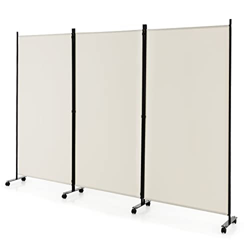 GOFLAME 3 Panel Folding Room Divider, 6FT Rolling Privacy Screen with Lockable Wheels, Portable Room Partition Screen, Freestanding Wall Divider and Separator for Home Office, White - color: White, size: 3-Panel