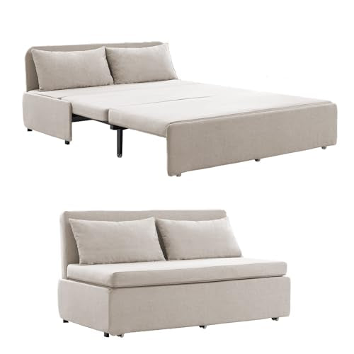 BALUS 64" W Queen Size Pull Out Sleeper Sofa Bed Couch with Pullout Bed | 2 in 1 Convertible Linen Loveseat Sofa Sleepers with Pillows and Tri-fold Mattress for Small Space Loft Home Office, Beige - color: Beige, size: Queen