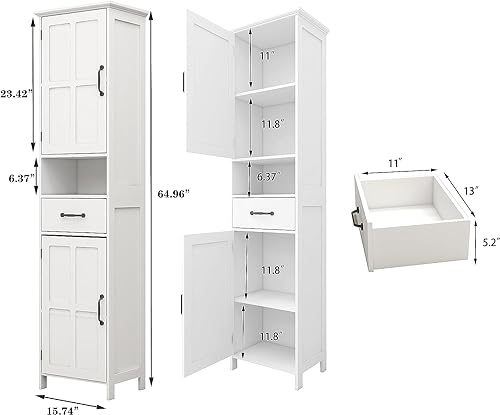 Locsear Tall Bathroom Storage Cabinet, White Bathroom Cabinets Freestanding, Narrow Storage Cabinet w/Adjustable Shelves for Home, Kitchen, Versatile, Anti-Tipping - color: 2 Doors