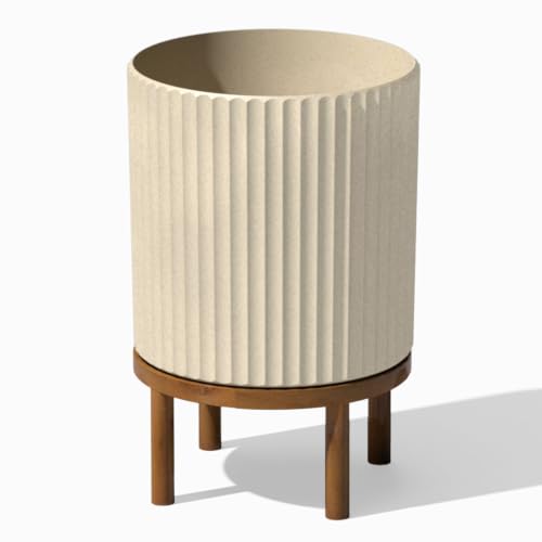 Veradek Demi Series Round Planter w/ Stand for Porch/Patio | Durable Plastic-Concrete & Wooden Stand | Modern Décor for Tall Plants, Flowers - color: Sand/Brown, size: 12 Inch