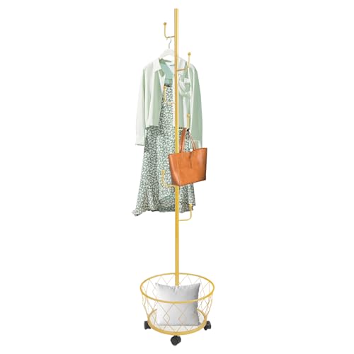 Coat Rack Freestanding, Coat Tree with Umbrella Holder, Metal Coat Rack Stand with 6 Hooks, Modern Coat Hanger Stand w/Wheels for Entryway, Purse Rack Hat Rack Stand (Gold) - color: Gold