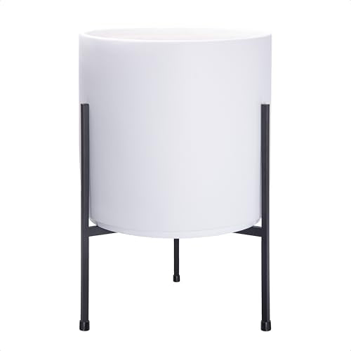 D'vine Dev Cylinder Planter Pot with Metal Stand, White, 12 in, 96-T-A-3 | Durable Fiberclay Construction, Sleek Modern Design, Heavy-Duty Iron Stand, Drainage Hole & Saucer, Elegant Indoor Display - color: White, size: Large 12 Inch