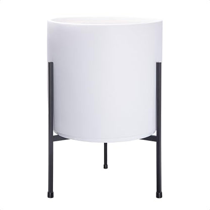 D'vine Dev Cylinder Planter Pot with Metal Stand, White, 12 in, 96-T-A-3 | Durable Fiberclay Construction, Sleek Modern Design, Heavy-Duty Iron Stand, Drainage Hole & Saucer, Elegant Indoor Display - color: White, size: Large 12 Inch