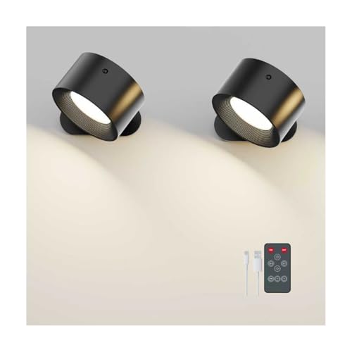 Deyagoo 2PACK LED Wall Sconce, Rechargeable Wall Light with Remote-Black | 3 Colors, Dimmable, Magnetic Rotating Head, 360 Degree Rotate - color: Black-B