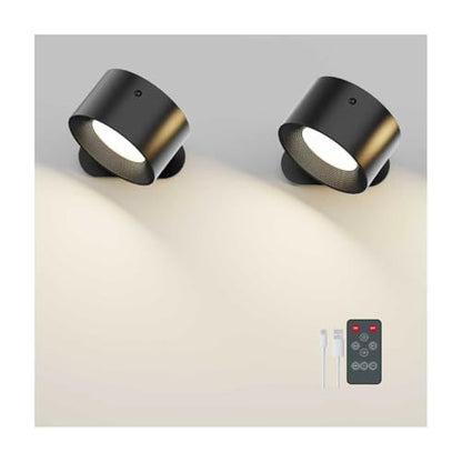 Deyagoo 2PACK LED Wall Sconce, Rechargeable Wall Light with Remote-Black | 3 Colors, Dimmable, Magnetic Rotating Head, 360 Degree Rotate - color: Black-B