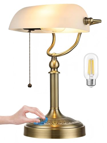 White Matted Stepless Dimmable Glass Bankers Desk Lamp | Table Lamp Plug in Fixture for Study Home Office Library, LED Bulb Included - color: White