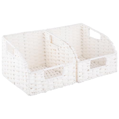 OIAHOMY Pantry Baskets for Organizing, Paper Rope Baskets with Built-in Handles, Wicker Storage Bints for Shelves, 2 Pack-White - color: White