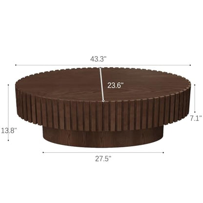 Oval Drum Fluted Coffee Table (C) | Modern Wood Coffee Table with Circle Pedestal Center Tables Fluted Accent Tea Tables for Apartment Living Room - color: C
