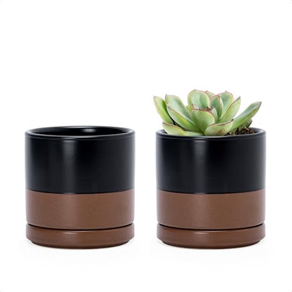 D'vine Dev 2-Pack Ceramic Pots with Saucers, Black/Tan, 3.5 in, 94-V-A-7 | Modern Cylinder Design, Glazed Ceramic, Drainage Hole & Saucer Included, High Temperature Fired, Elegant Home Accent - color: Black/Speckled Tan, size: 3.5 Inch