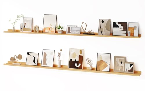 Floating Picture Ledge Shelves for Wall Set of 2, 84 Inches Picture Ledge Shelf with Long Large Nursery Book Shelf for Toys Storage Kids Bookshelf Wall Mounted Living Room Bedroom Decor Frames, Oak - color: Oak, size: 84in