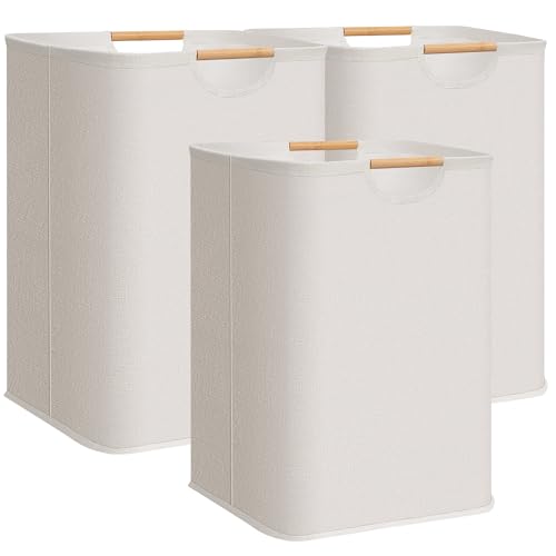 STORAGE MANIAC 3-Pack Large Laundry Hamper, 100L (26.4 Gal) Collapsible Laundry Basket with Bamboo Handles, Freestanding Waterproof Clothes Hamper for Laundry Room, Bedroom, Dorm, Towels, White - color: White, size: 100L x 3