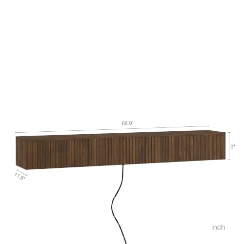 Floating TV Stand Wall Mounted with Led Lights, 69" Modern Floating Entertainment Center, Large Storage Media Console Wall Unit for Living Room Bedroom, Brown - color: Brown, size: 69" W x 9.17" H