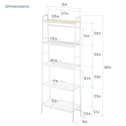 Home Zone Living Tall White Bookshelf with 5-Tier Open Display Shelves | Wide Steel Frame Design with Bamboo Accent Top Shelf - color: 5-tier Wide