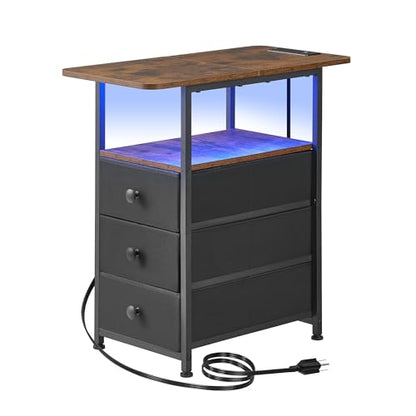 Narrow End Table with Charging Station, Narrow Side Table with 3 Fabric Drawers, Slim Nightstand with LED Light, Small Table with Storage, Living Room, Bedroom, Rustic Brown HKET1303BR - color: Rustic Brown, size: 11.8" W x 23.6" D, style: Power + Light