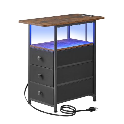 Narrow End Table with Charging Station, Narrow Side Table with 3 Fabric Drawers, Slim Nightstand with LED Light, Small Table with Storage, Living Room, Bedroom, Rustic Brown HKET1303BR - color: Rustic Brown, size: 11.8" W x 23.6" D, style: Power + Light