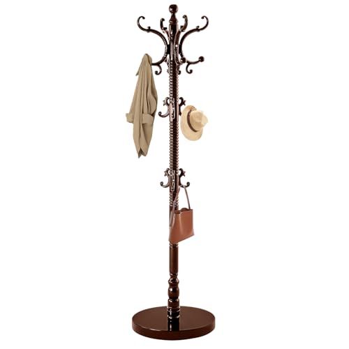Wooden Coat Rack Freestanding, Solid Wood Coat Rack Stand with 14 Hooks, Vintage Heavy Duty Standing Coat, Sturdy Jacket Hanger Tree Stand for Corner, Office, Entryway - color: Black Red Round Base