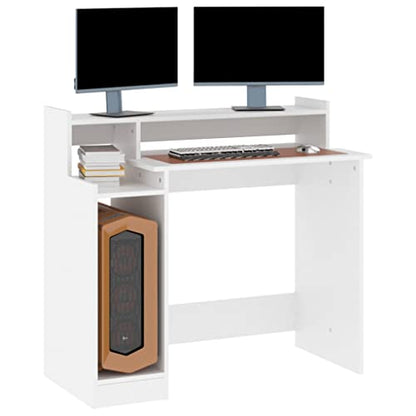 Computer Desk White Engineered Wood Writing Desk with Floating Shelves Modern Matte Rectangular Study Table for Small Spaces Office Bedroom, 38.2 x 17.7 x 35.4 Inches - color: White, size: Standard