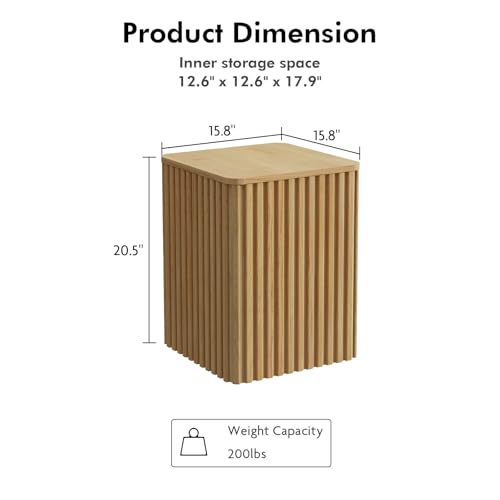 Fluted Side Table with Storage-Small Square End Table | Solid Wood Veneer Top, Accent Tables, Modern Farmhouse Pedestal Drink Tables for Couch, Sofa, Living Room, Natural - color: Natural
