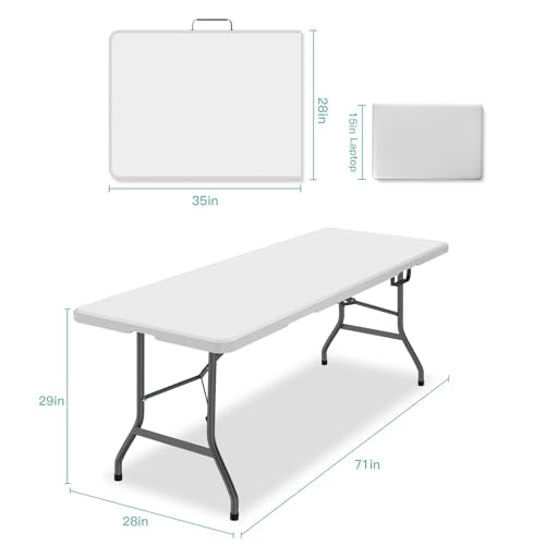 6 ft Portable Folding Table, UV-Protected Waterproof Top, 330 lb Capacity | HDPE top, powder-coated steel frame, built-in handle, compact fold-in-half design, indoor and outdoor use - size: 6ft Folding Table