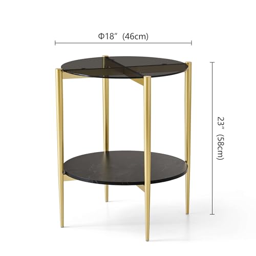 LumFurn D18in Round Glass End Table, Mid-Century Modern Side Table for Living Room, D18xH23inch, Grey Glass and Black Marble MDF Wood, Conical Legs with Gold Finish Frame - color: D18" Grey & Black Marble