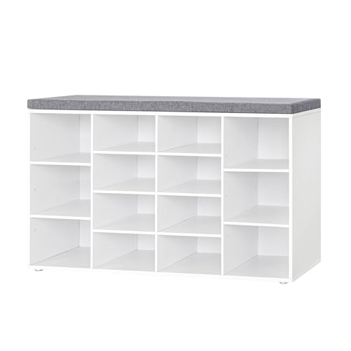 Shoe Storage Bench with Cushion, 14-Cubby Shoe Rack with Seat | 40.9"L Entryway Shoe Organizer Bench, Adjustable Shelves for Boots, Removable Washable Cushion, Closet/Hallway/Bedroom, White - color: White, size: 14 Cubby