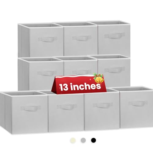 Large Storage Cubes, 13 Inch Cube Storage Bins for Shelves Closet Nursery Bedroom - 10 Pack Collapsible Storage Baskets with Handles - Fabric Bins for Organizing Magazines Clothes Toys (Grey) - color: Grey, size: 10 Pack - 13 inches