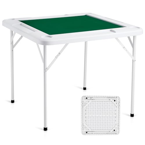 VEVOR Mahjong Table, 4 Player Folding Domino Table with Wear-Resistant Green Tabletop, Portable Square Card Table with 4 Cup Holders & 4 Chip Trays for Mahjong Poker Puzzles, 35.4 x 35.4-inch - color: Green