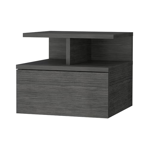 FM FURNITURE Floating Nightstand with Drawer and 2 Tier Shelf, Wall Mounted Bedside Table, Space Saving End Table for Bedroom, Smokey Oak, 14" Wide - color: Smokey Oak