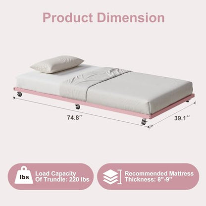 IDEALHOUSE Twin Size Metal Roll Out Trundle Bed Frame with Wheels and Slats Support, Pink | Pull-Out Trundle, Space-Saving, Metal Frame, Living Room, Bedroom, Apartment - color: Modern Pink, size: Twin Roll-Out Trundle