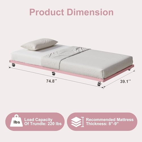IDEALHOUSE Twin Size Metal Roll Out Trundle Bed Frame with Wheels and Slats Support, Pink | Pull-Out Trundle, Space-Saving, Metal Frame, Living Room, Bedroom, Apartment - color: Modern Pink, size: Twin Roll-Out Trundle
