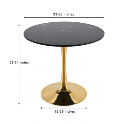 31.5" Small Round Dining Table, Black Marble-Look Top, Gold Tulip Base | 31.5-inch MDF table for 2-4 compact chairs, suited to kitchens, apartments, breakfast nooks, and small dining rooms - color: Black and Golden