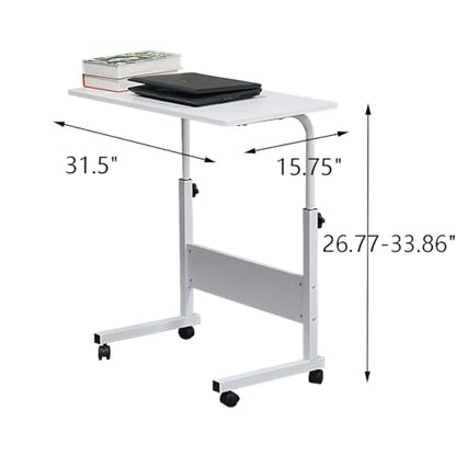 Sofa Side Table C Shaped End Table with Wheels, Rolling Bedside Laptop Table Snack Table TV Tray, Height Adjustable, Wooden Top & Metal Frame (White) - color: White, 31.5"