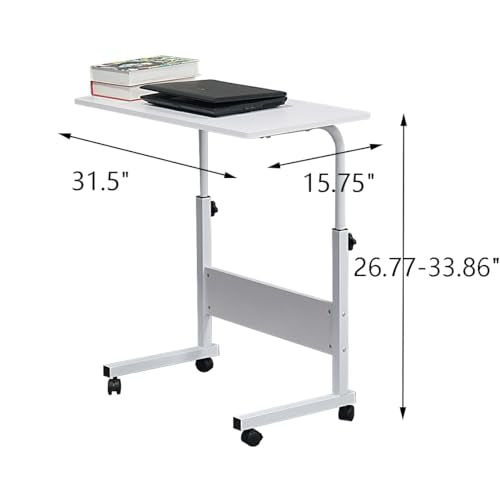 Sofa Side Table C Shaped End Table with Wheels, Rolling Bedside Laptop Table Snack Table TV Tray, Height Adjustable, Wooden Top & Metal Frame (White) - color: White, 31.5"