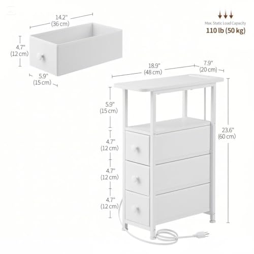 Narrow End Table with Charging Station, Narrow Side Table with Drawer, Small Nightstand with LED Light, Skinny Nightstand, Small Bedside Table for Living Room, Bedroom, Couch, White - color: White, size: 7.9" W x 18.9" D, style: Power + Light